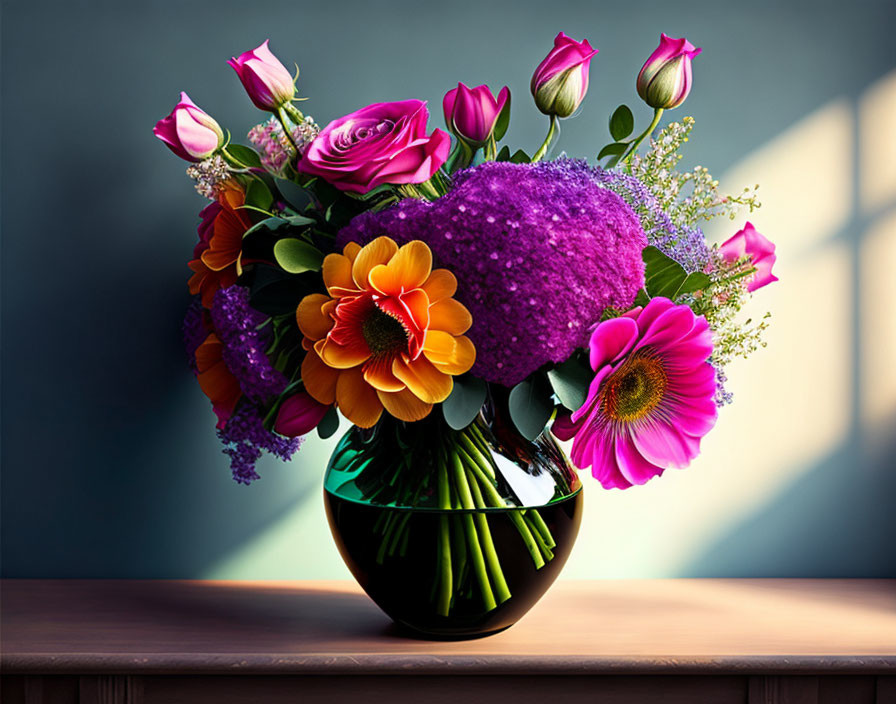 Colorful Flower Bouquet in Round Glass Vase on Wooden Surface