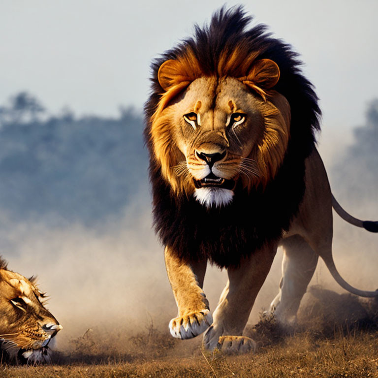 Two lions in a savanna: one striding confidently, the other resting.