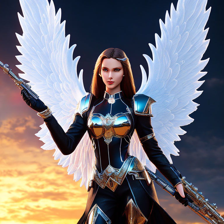 Digital artwork of female character with angel wings in ornate armor against dusk sky