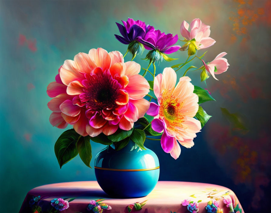 Colorful Pink and Purple Flower Bouquet in Blue Vase on Table with Floral Patterns