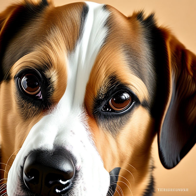 Tricolor Dog with Brown Eyes and Black Nose on Beige Background