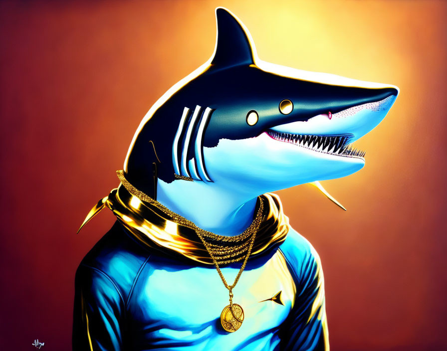 Shark with human-like features in blue shirt, gold chains, and medallion