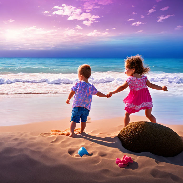 Children holding hands on beach at sunset with colorful skies and waves.