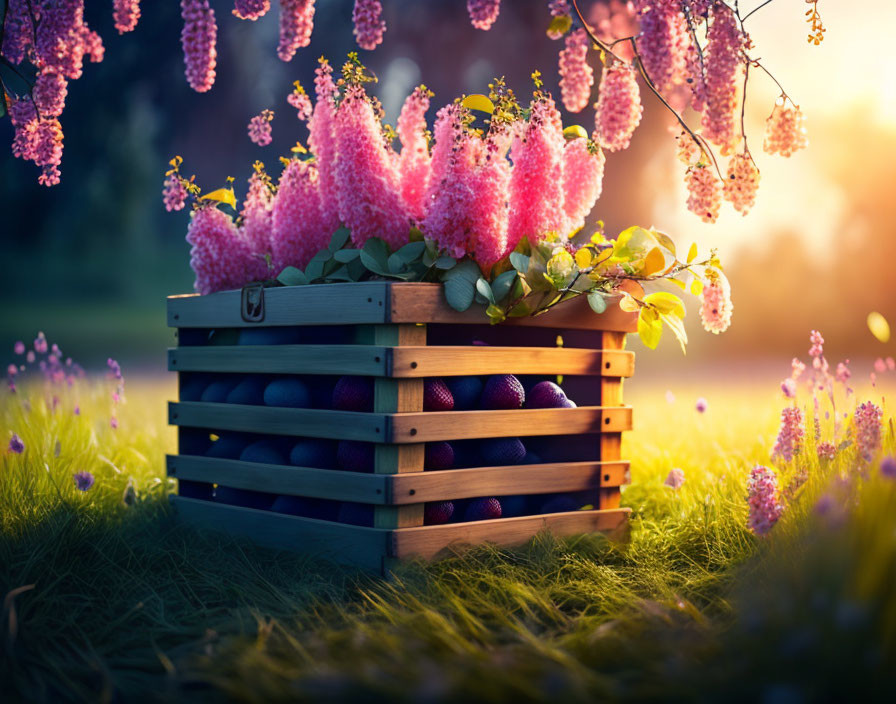 Wooden crate with purple plums and pink flowers in golden sunlight on green field