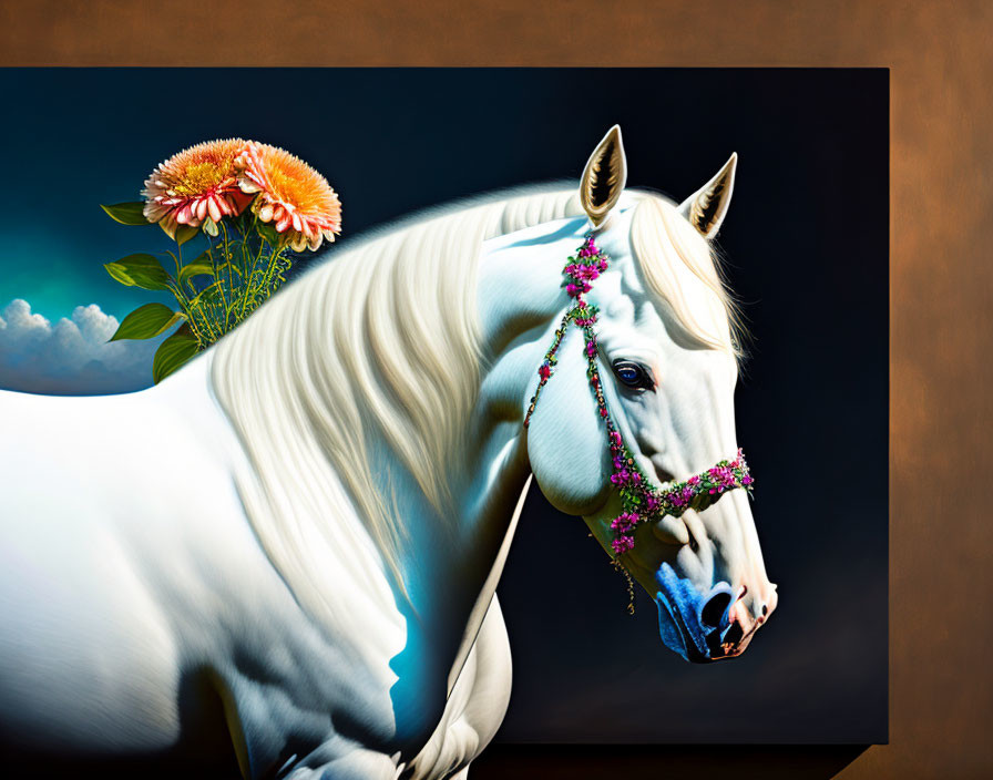 White Horse with Floral Wreath on Dark Background with Clouds and Flower