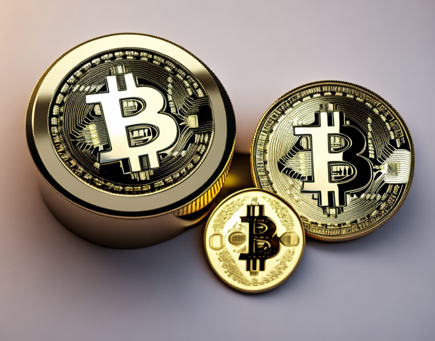 3D Render of Three Bitcoin Tokens on Reflective Surface