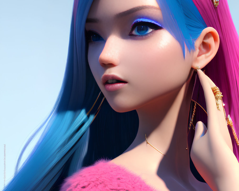 Digital artwork of woman with blue and pink hair, blue eyes, golden earrings, and pink garment