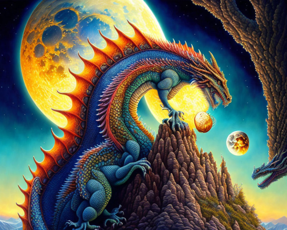 Colorful Artwork of Majestic Blue Dragon on Rocky Peak with Starry Sky