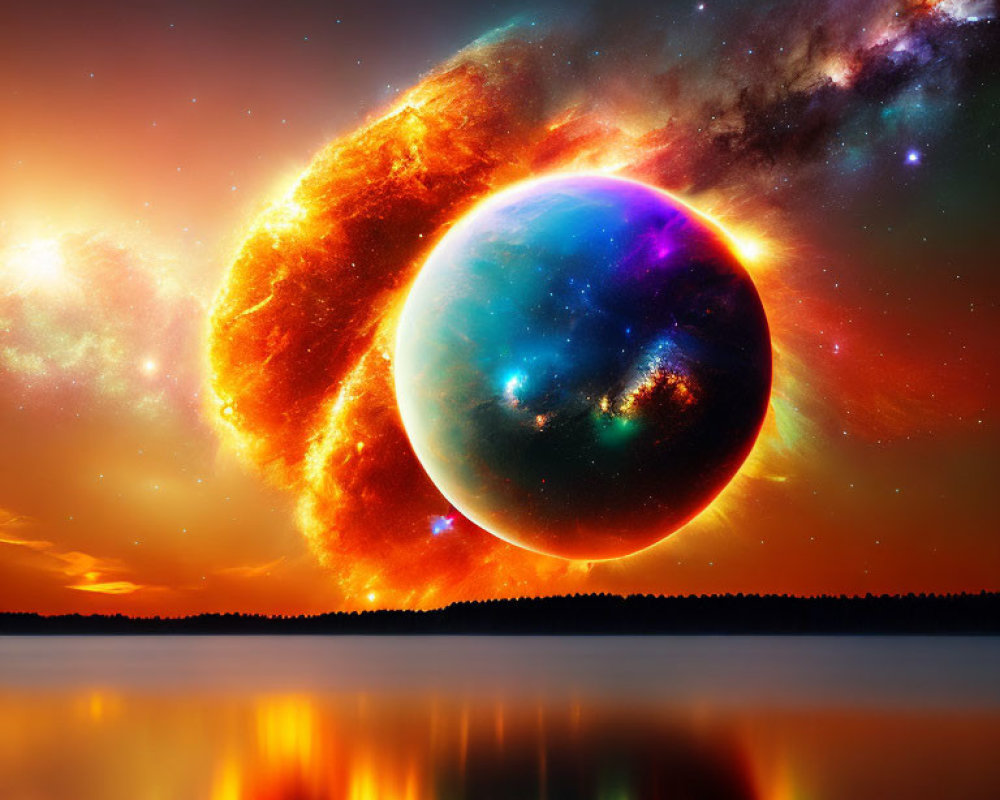 Colorful supernova explosion near planet reflected in lake