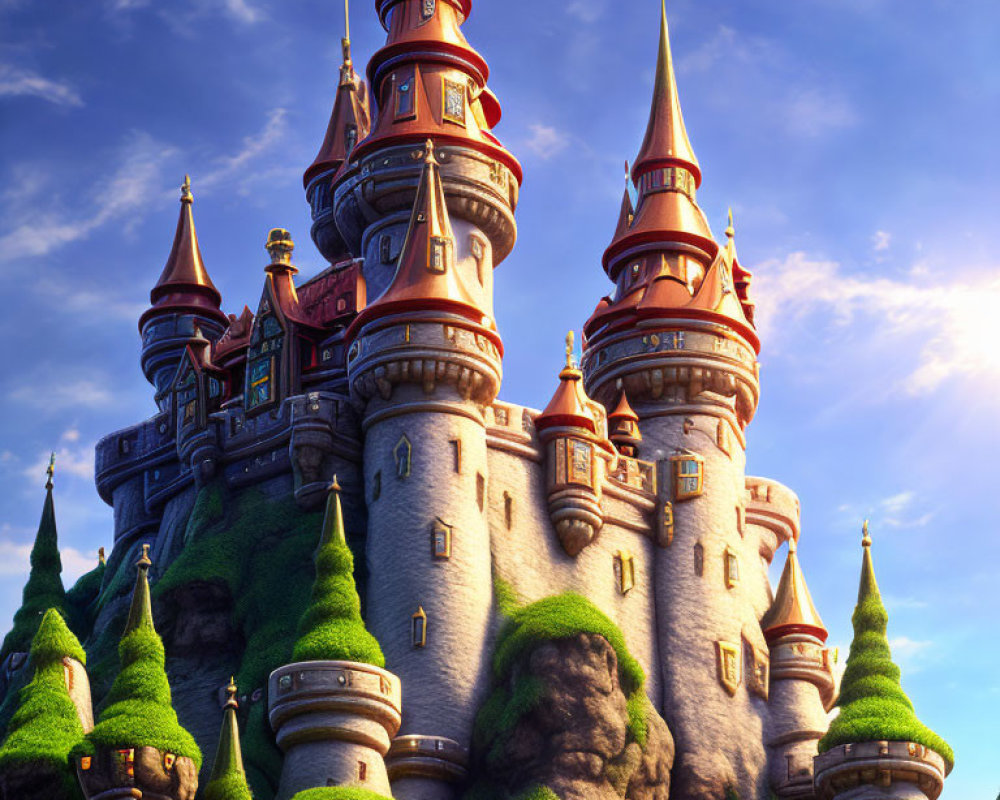 Fairytale Castle with Soaring Spires on Green Hills