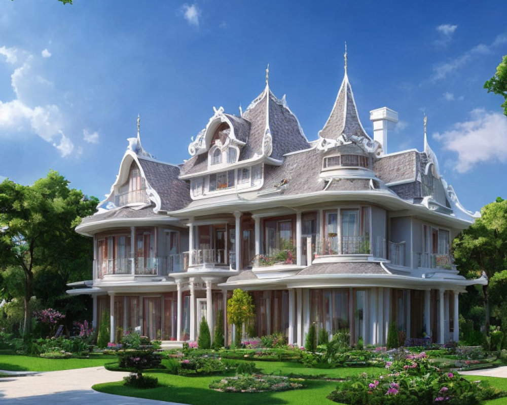 Victorian-style Mansion with Lush Gardens and Blue Sky