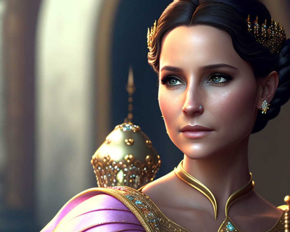 Elegant woman with regal attire in digital portrait