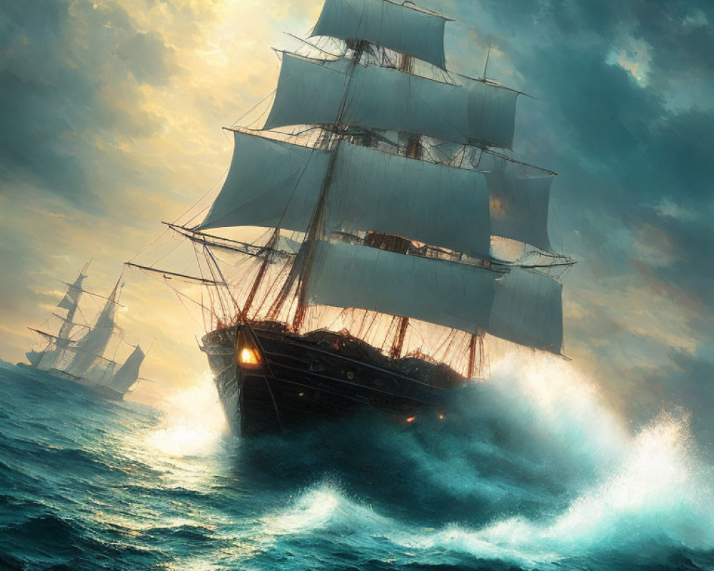 Historic tall ships sailing turbulent seas under dramatic sky