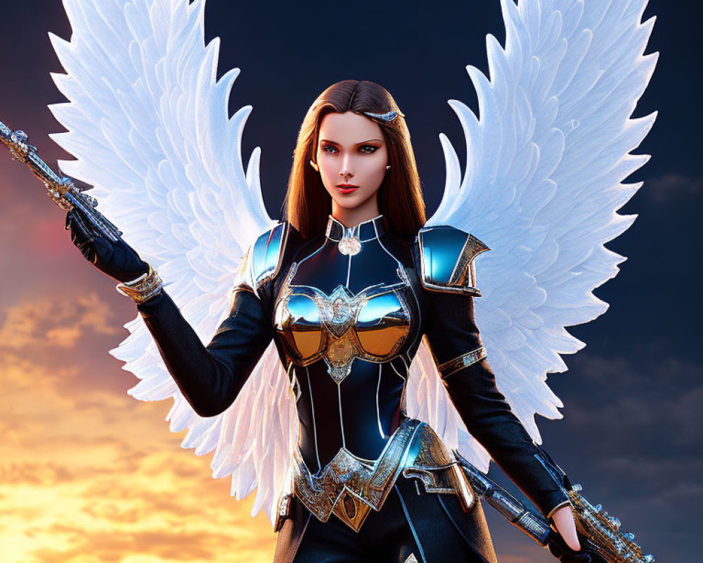 Digital artwork of female character with angel wings in ornate armor against dusk sky