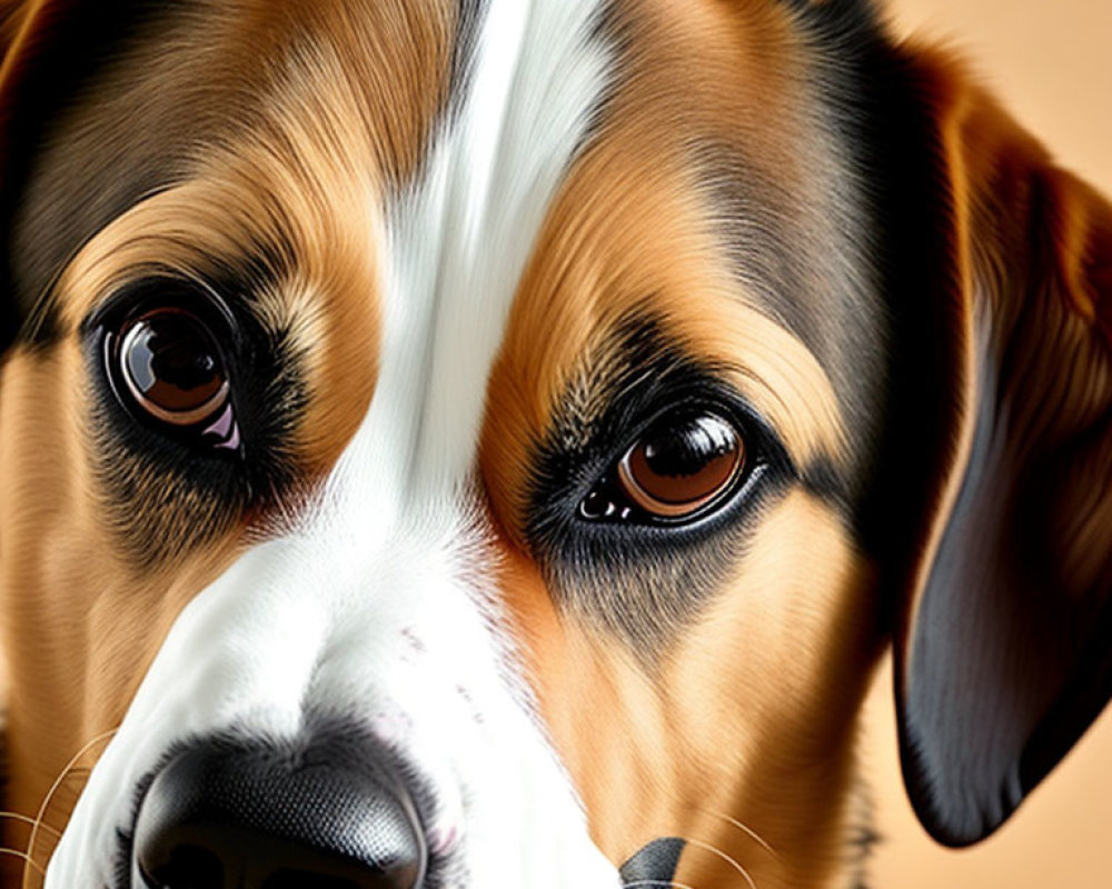 Tricolor Dog with Brown Eyes and Black Nose on Beige Background