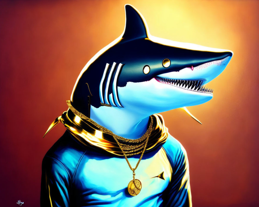 Shark with human-like features in blue shirt, gold chains, and medallion