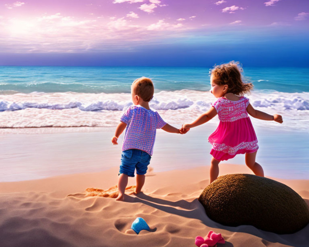 Children holding hands on beach at sunset with colorful skies and waves.