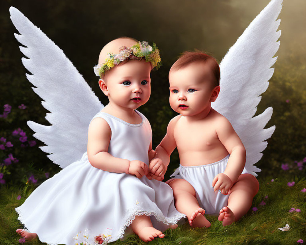 Angel winged babies on grass with flowers, one in white attire, one in diaper