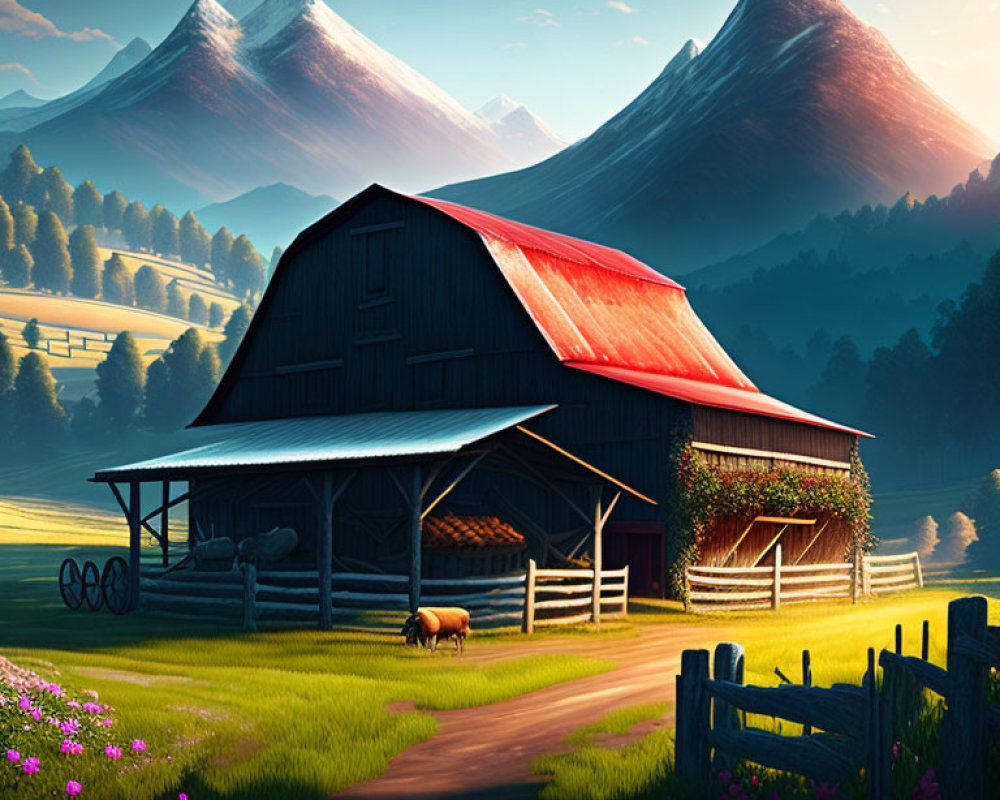 Rustic barn with red roof in pastoral landscape with mountains, livestock, and wildflowers at dawn