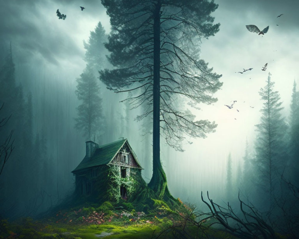 Ethereal forest scene with old house and towering tree