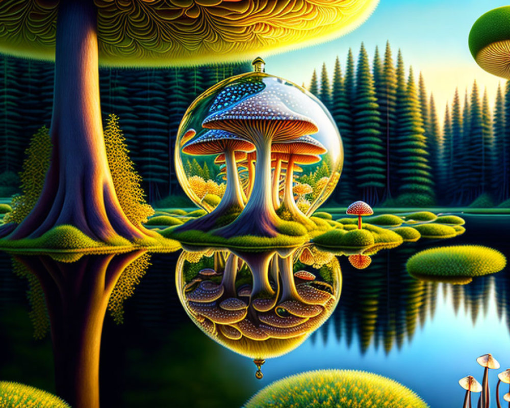 Surreal landscape with mirrored lake, mushroom-shaped structures, lush forests