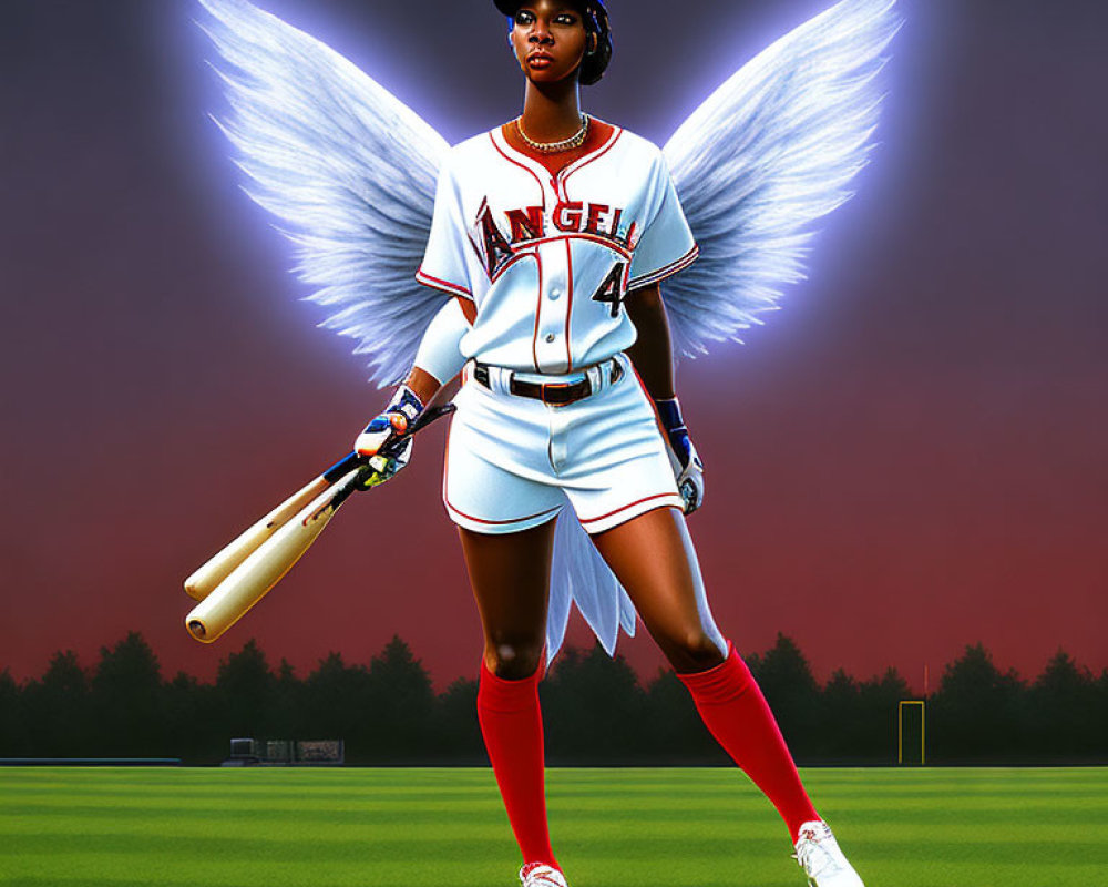 Digital artwork of angelic baseball player in "Angels" uniform with white wings and bat on field