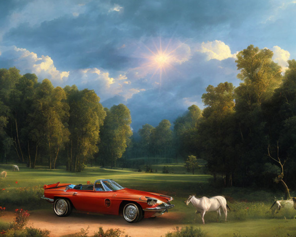 Red Convertible Car on Dirt Path in Serene Landscape with Horses and Trees at Sunset