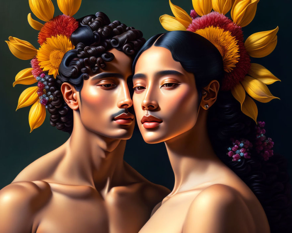 Stylized portraits of individuals with dark hair and sunflowers on dark background