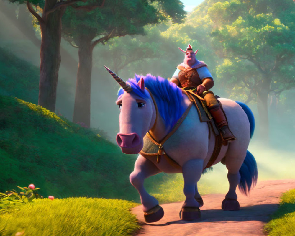 Animated knight riding blue unicorn in forest with sunlight.