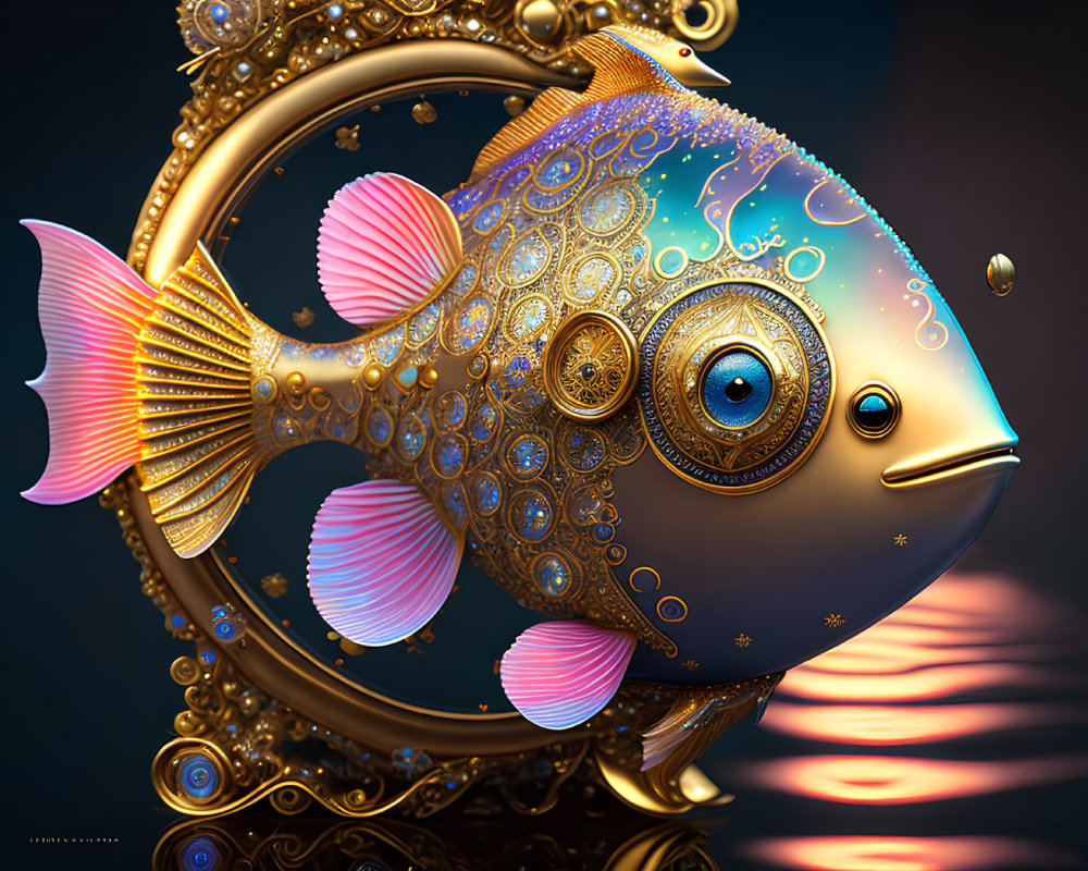 Stylized digital artwork of ornate fish with gold patterns