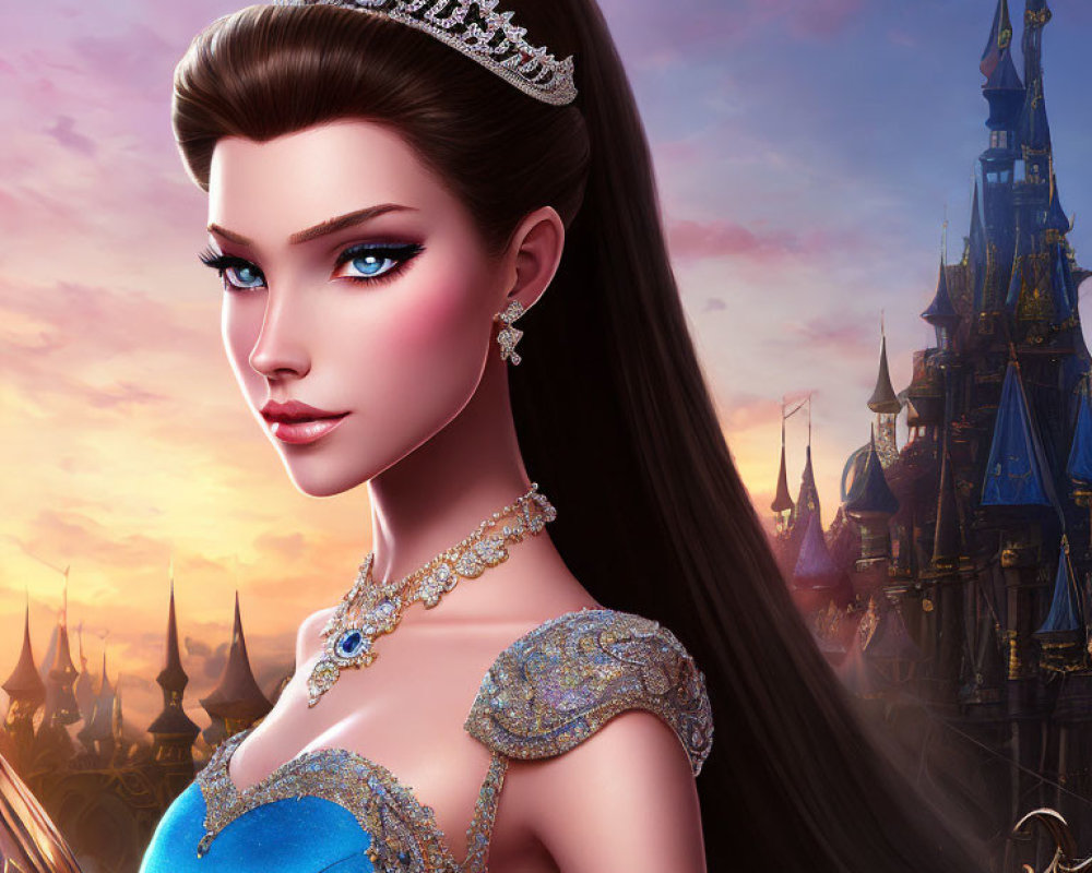 Animated princess with blue eyes in tiara and gown, fairytale castle at dusk