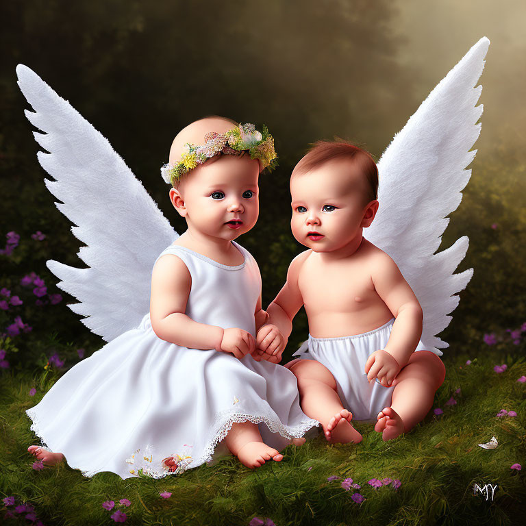 Angel winged babies on grass with flowers, one in white attire, one in diaper