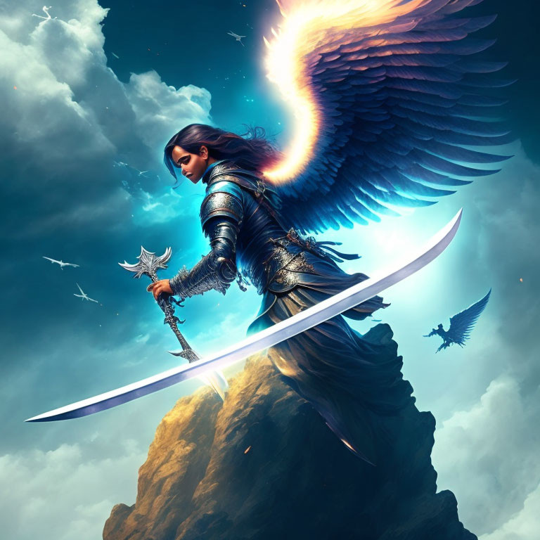 Winged warrior in armor with sword and axe on peak with glowing halo, birds, dramatic sky