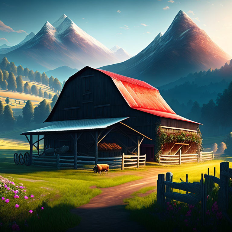 Rustic barn with red roof in pastoral landscape with mountains, livestock, and wildflowers at dawn