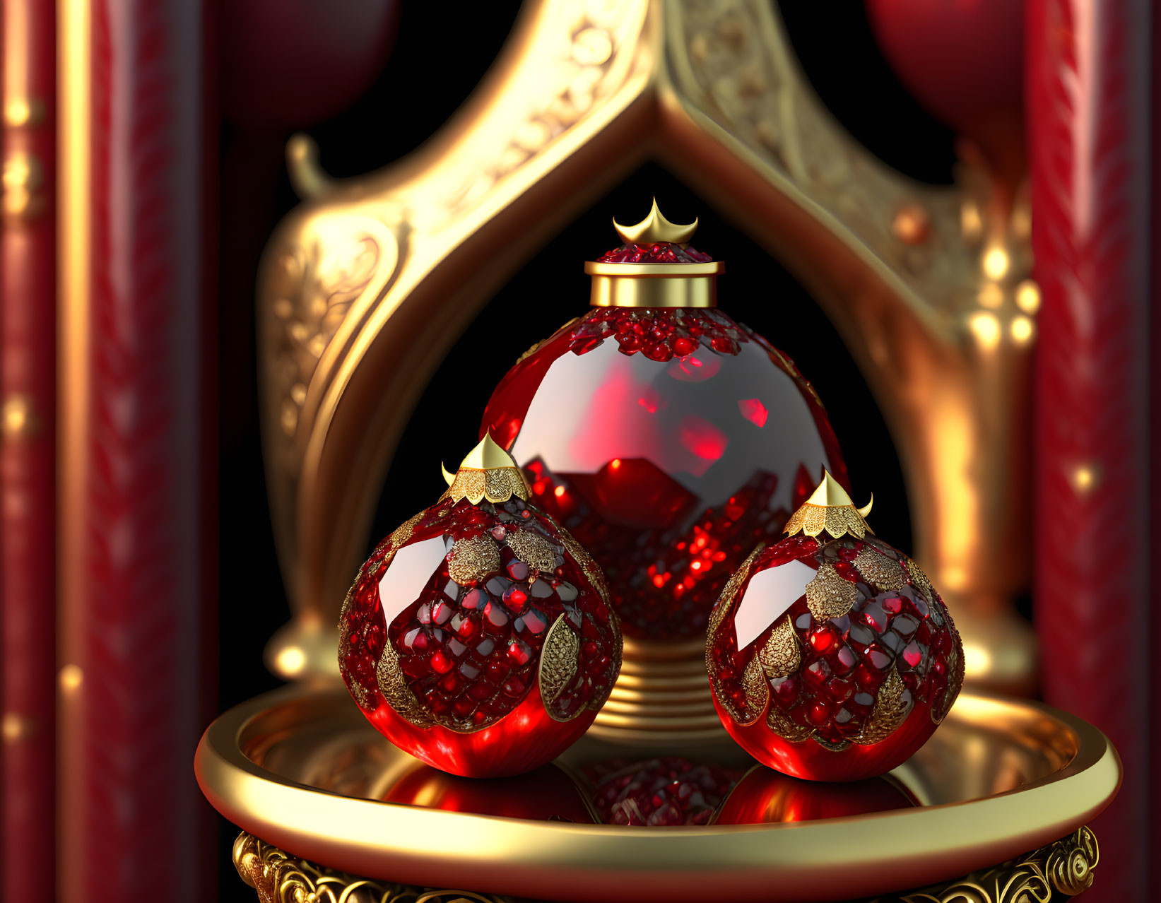 Luxurious Red and Gold Fabergé Eggs on Stand