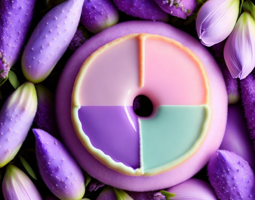 Colorful Pastel Quartered Doughnut on Purple Floral Background