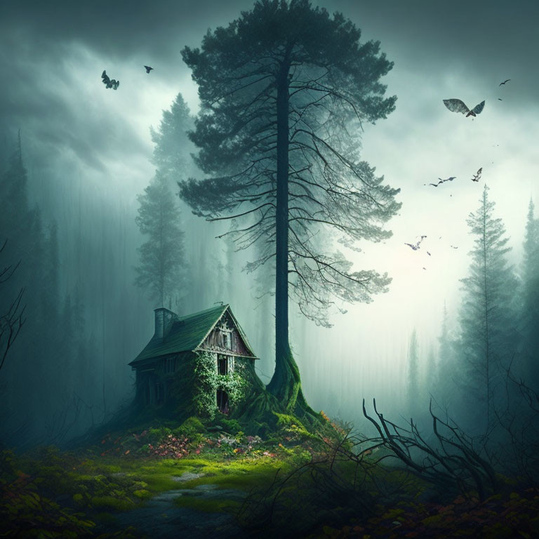 Ethereal forest scene with old house and towering tree