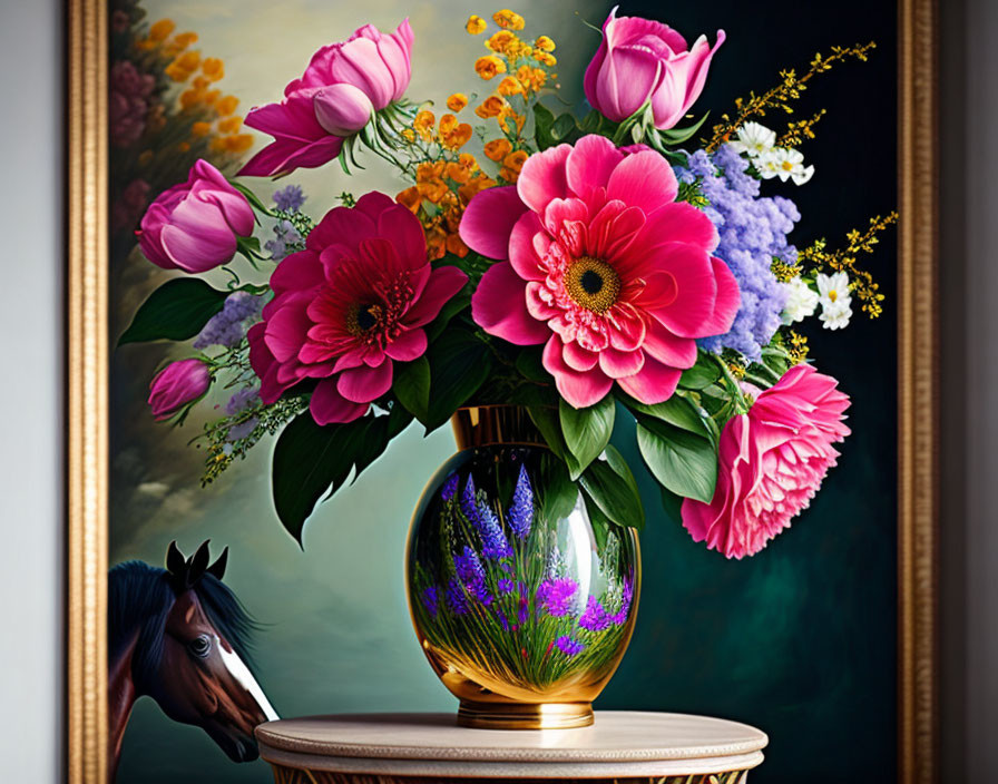 Colorful bouquet painting with pink and red flowers in golden vase next to horse portrait