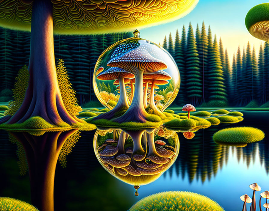 Surreal landscape with mirrored lake, mushroom-shaped structures, lush forests