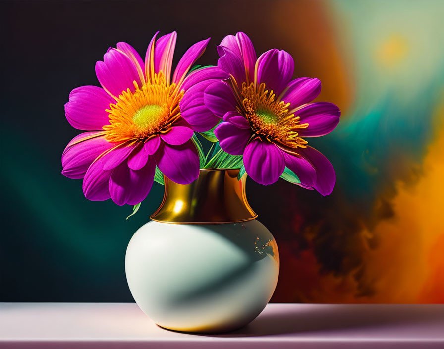 Pink Flowers in White Vase on Colorful Gradient Background