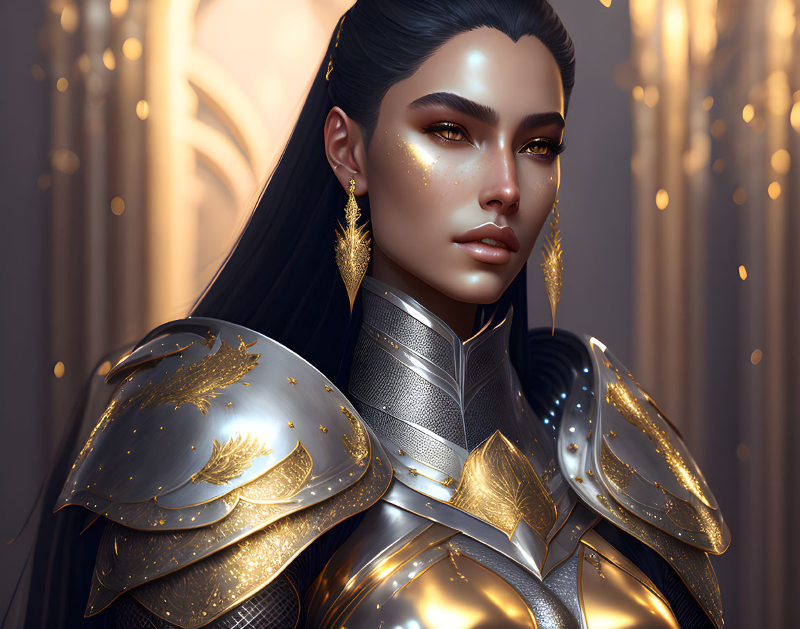 Digital artwork of a woman in ornate golden armor against a gleaming background