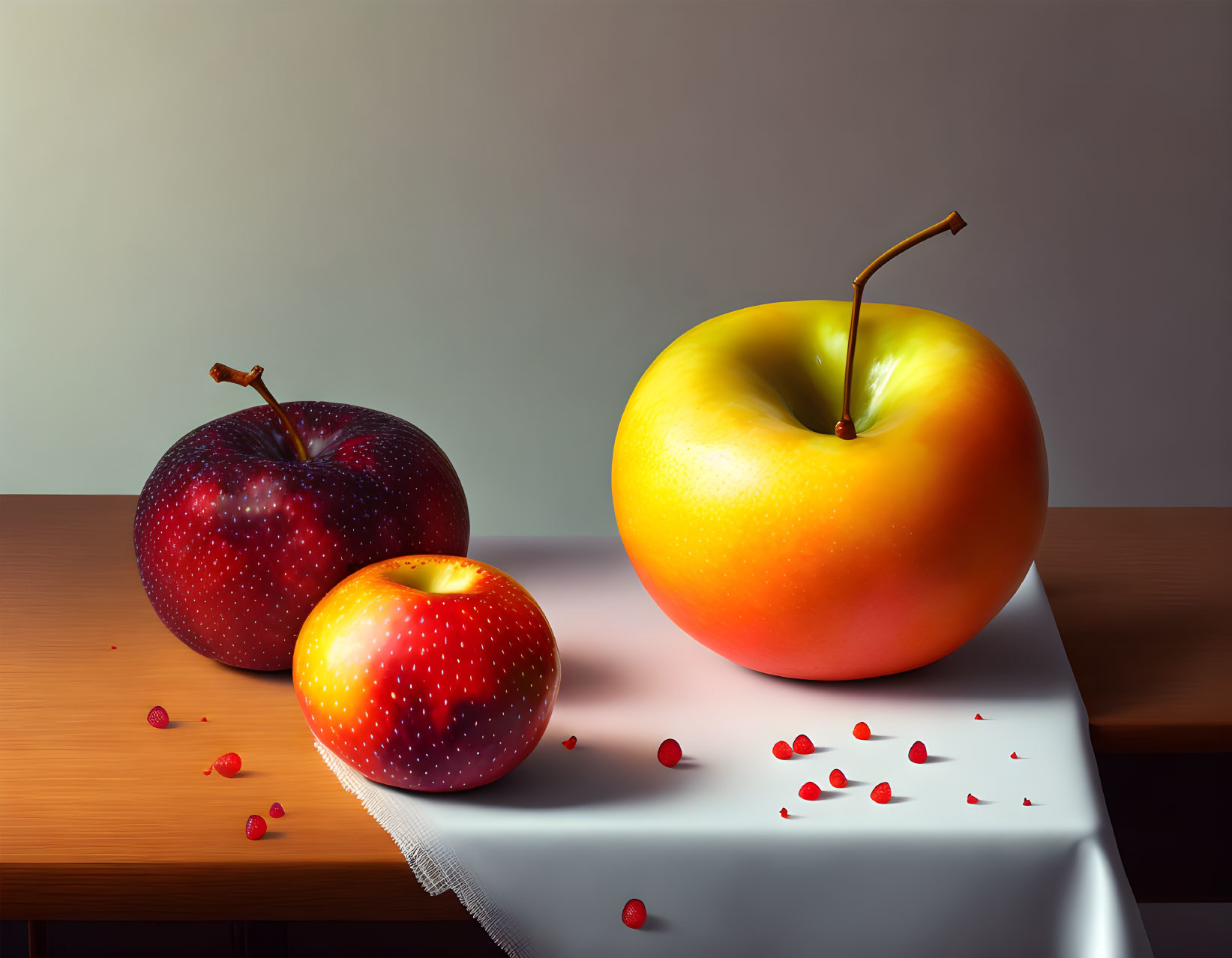 Three apples of different sizes and colors on a table with vibrant gradient and scattered petals