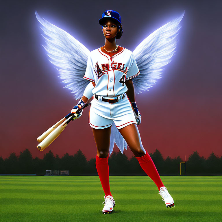 Digital artwork of angelic baseball player in "Angels" uniform with white wings and bat on field