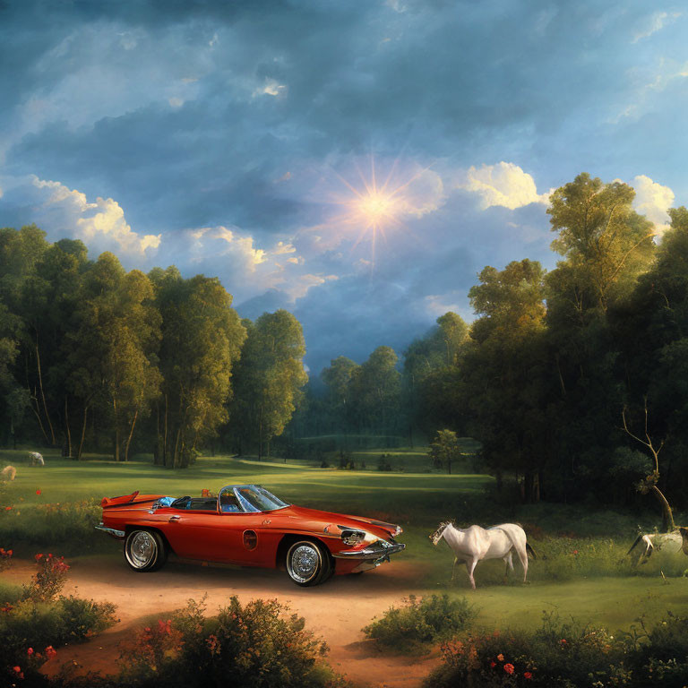 Red Convertible Car on Dirt Path in Serene Landscape with Horses and Trees at Sunset