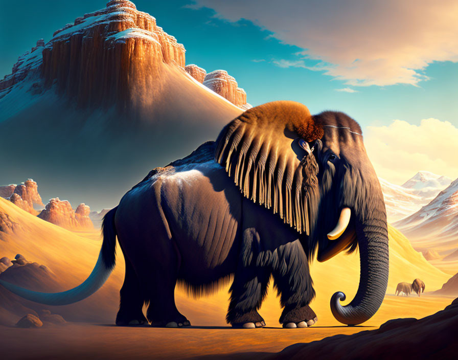 Prehistoric mammoth with tusks in desert landscape