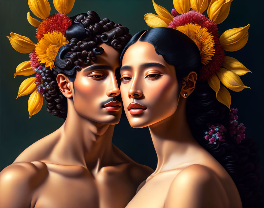 Stylized portraits of individuals with dark hair and sunflowers on dark background