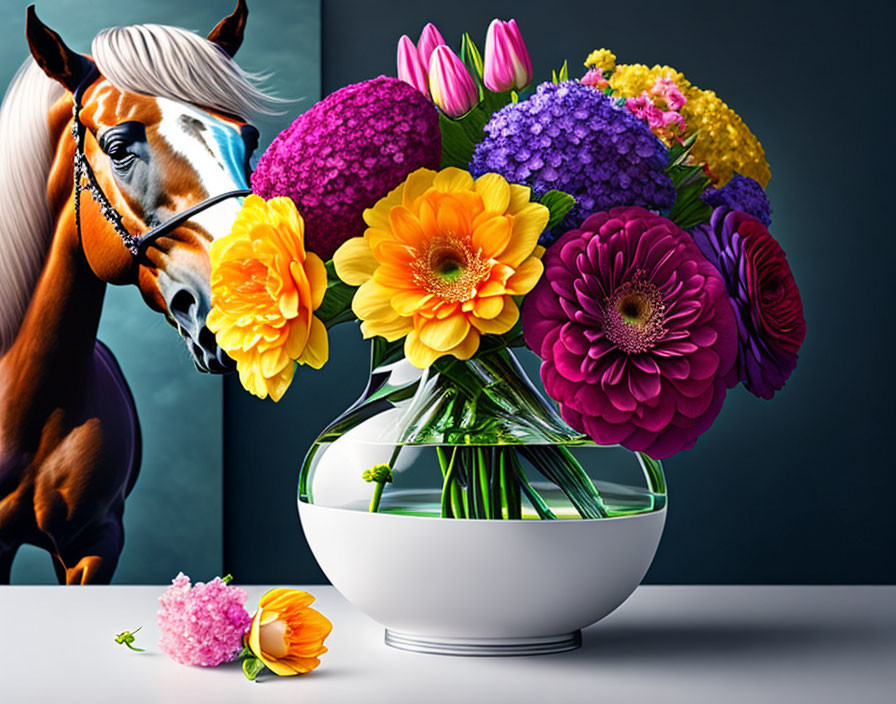 Assorted flowers in round vase with horse on dark background