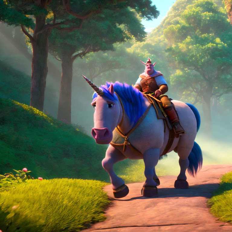 Animated knight riding blue unicorn in forest with sunlight.