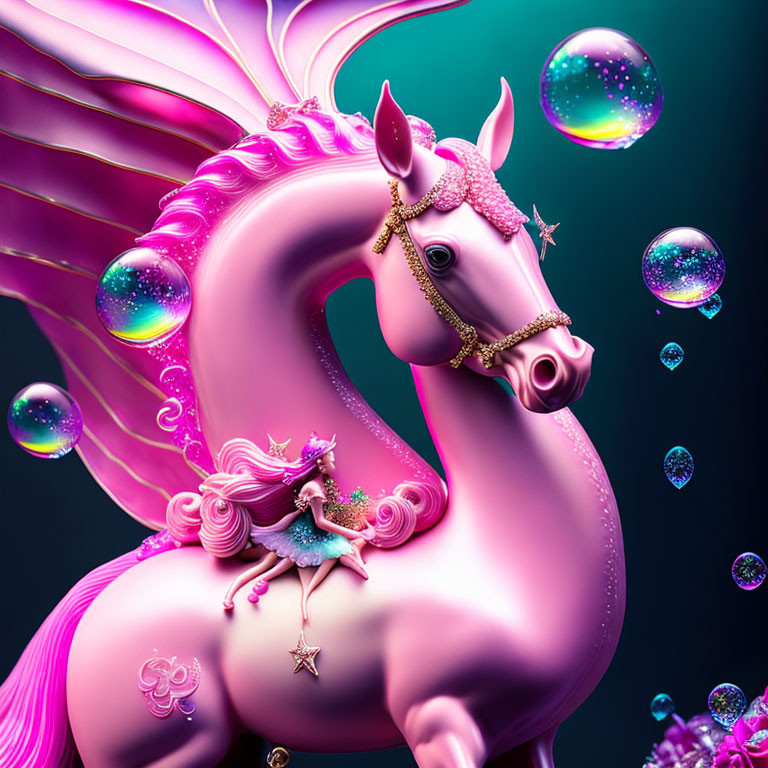 Colorful digital artwork: Pink seahorse, wings, bubbles, and fairy figure