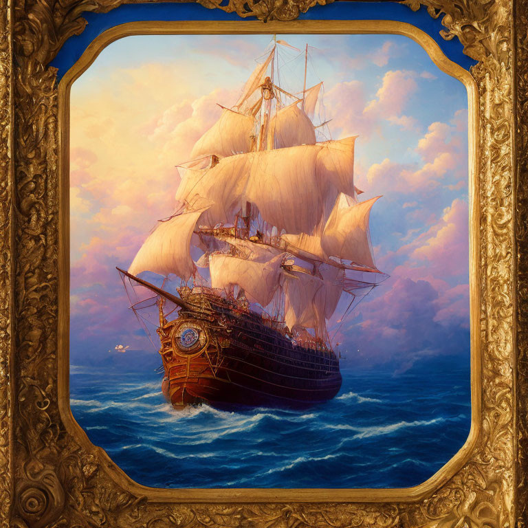 Golden frame with majestic sailing ship on serene blue ocean.